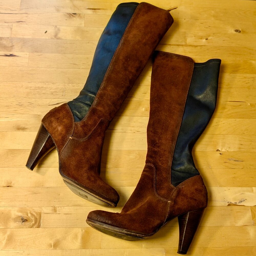 Frye Knee-High High-Heeled Suede & Leather Boots, 10M